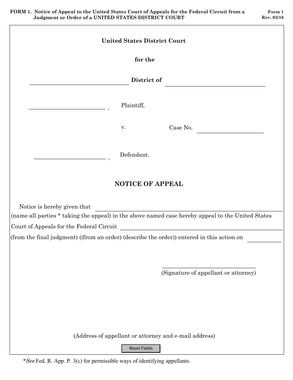 Form 1 Notice of Appeal to the United States Court of Appeals for the Federal Circuit From a Judgment or Order of an United States District Court, Page 1