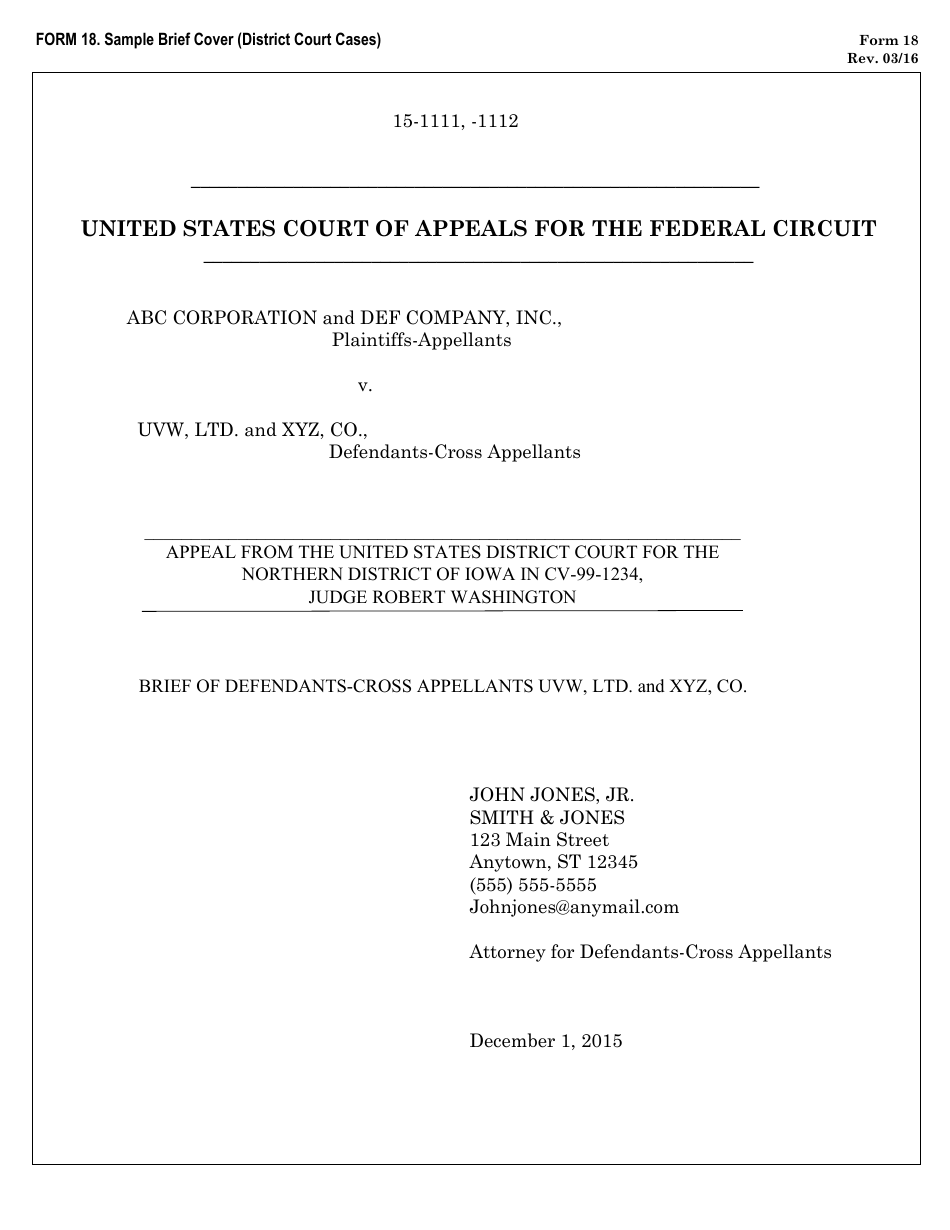 Form 18 Sample Brief Cover (District Court Cases), Page 1