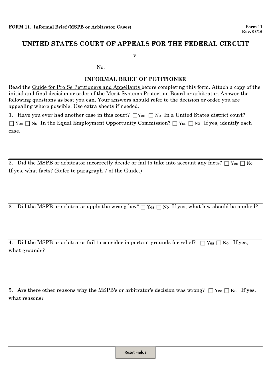 Form 11 Informal Brief (Mspb or Arbitrator Cases), Page 1