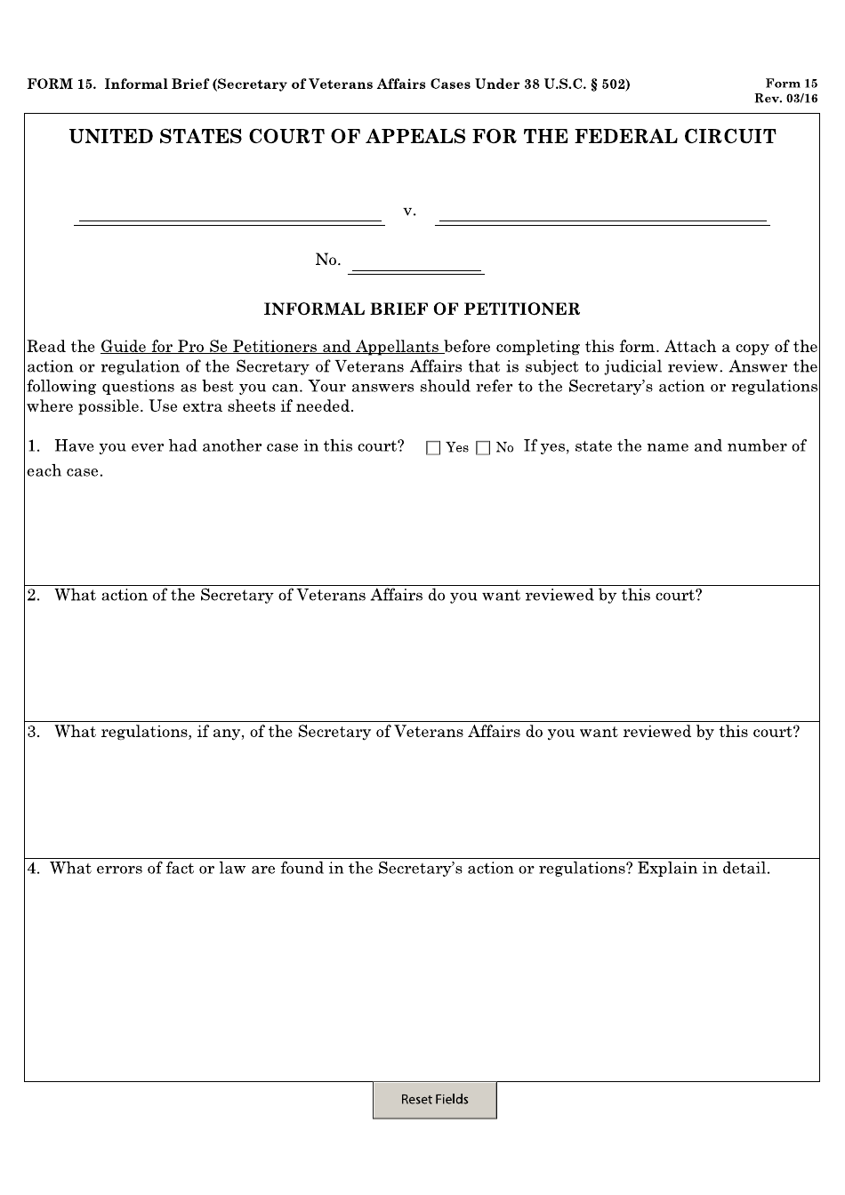 Form 15 Informal Brief (Secretary of Veterans Affairs Cases Under 38 U.s.c. 502), Page 1