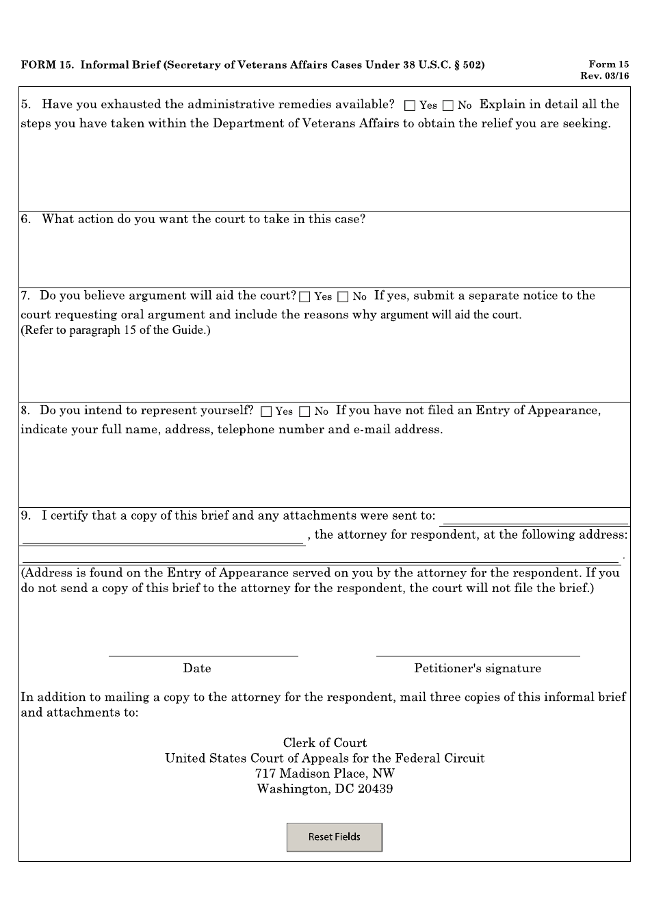 Form 15 Informal Brief (Secretary of Veterans Affairs Cases Under 38 U.s.c. 502), Page 2