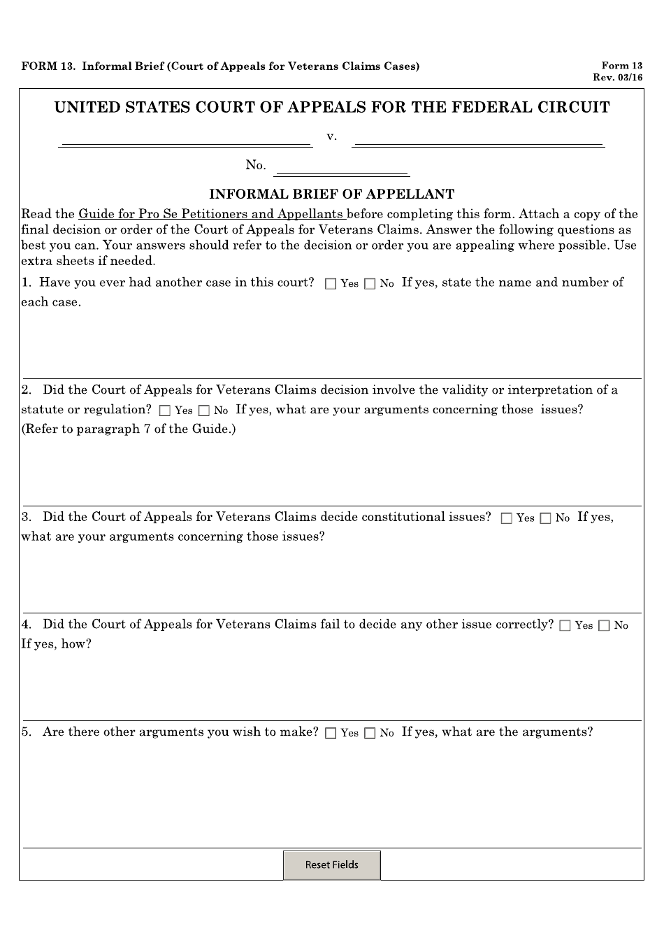 Form 13 Informal Brief (Court of Appeals for Veterans Claims Cases), Page 1