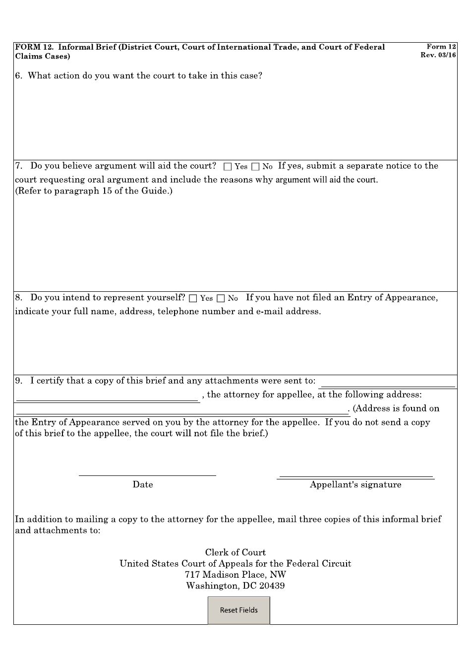 Form 12 Informal Brief (District Court, Court of International Trade, and Court of Federal Claims Cases), Page 2