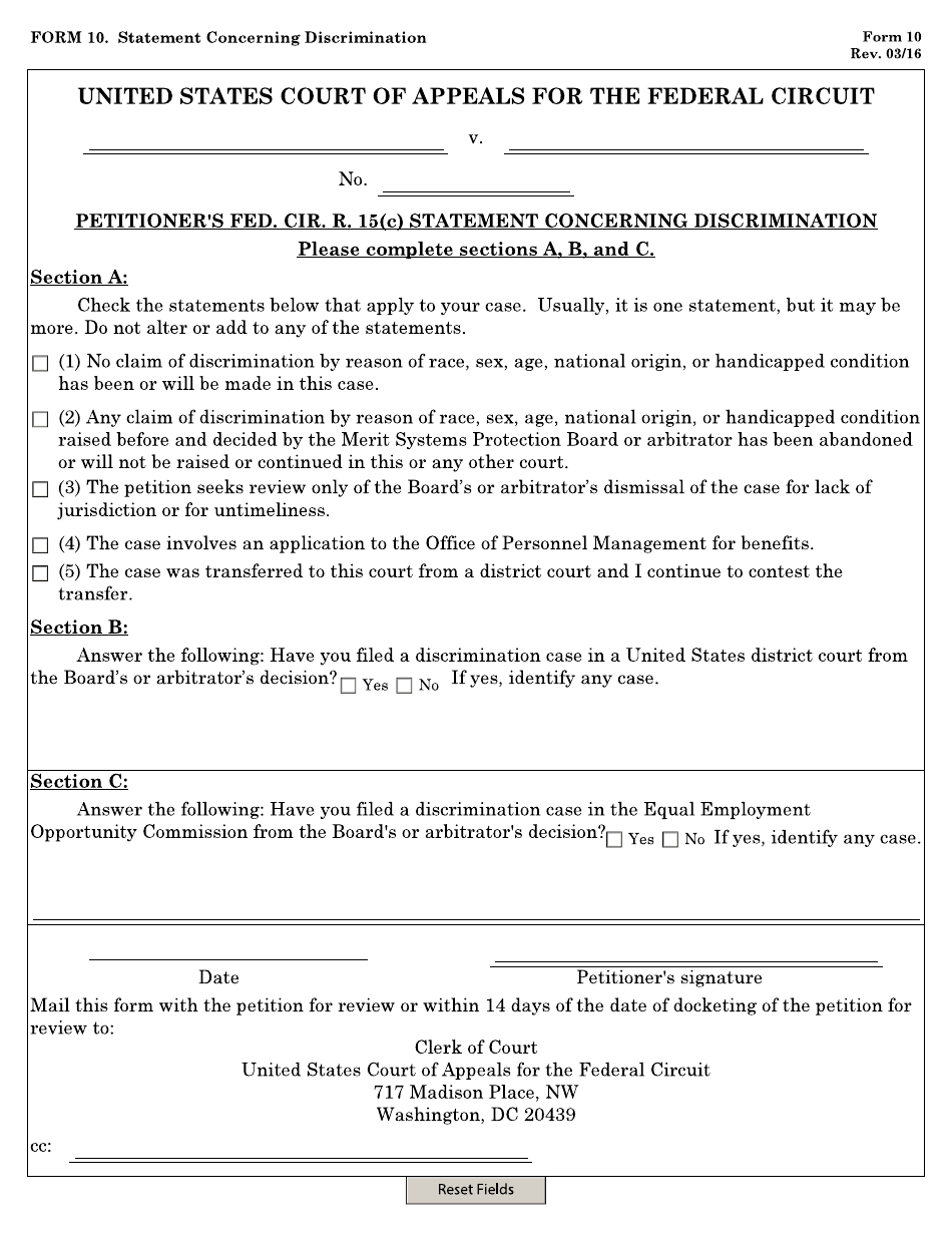 Form 10 Statement Concerning Discrimination, Page 1