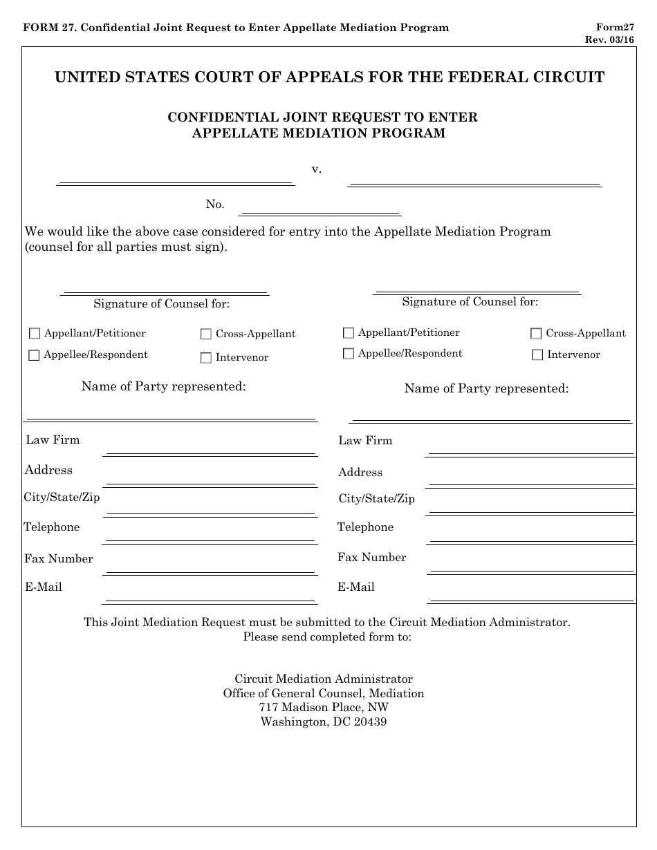 Form 27 Confidential Joint Request to Enter Appellate Mediation Program, Page 1