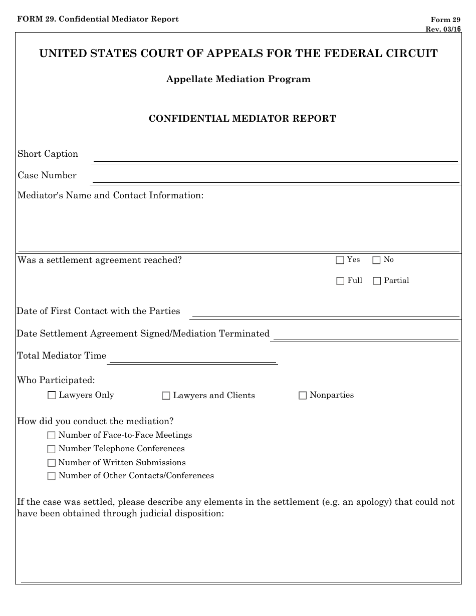 Form 29 Confidential Mediator Report, Page 1