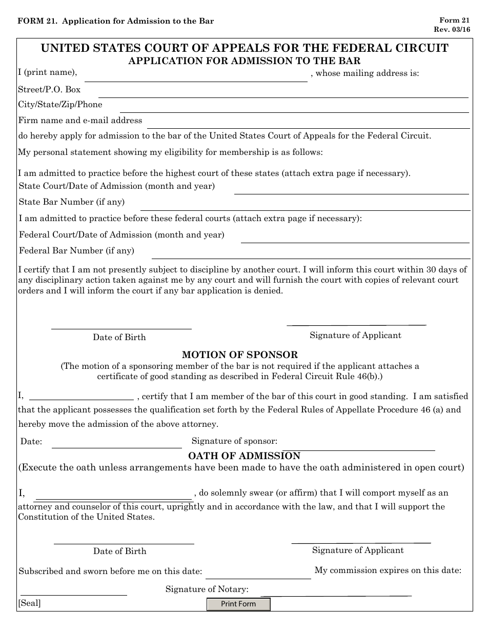 Form 21 Application for Admission to the Bar, Page 1