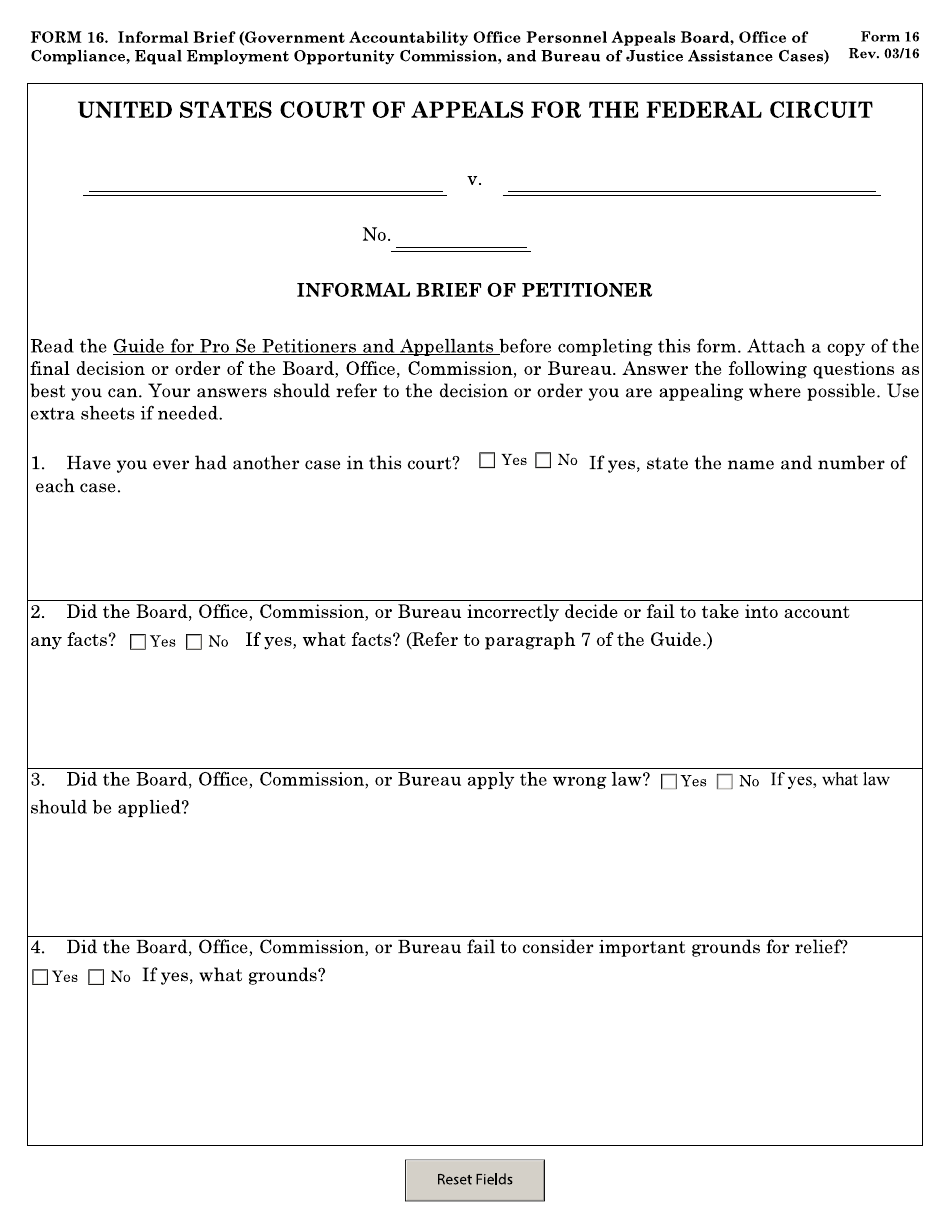 Form 16 Informal Brief (General Accounting Office Personnel Appeals Board, Office of Compliance, and Equal Employment Opportunity Commission Cases), Page 1