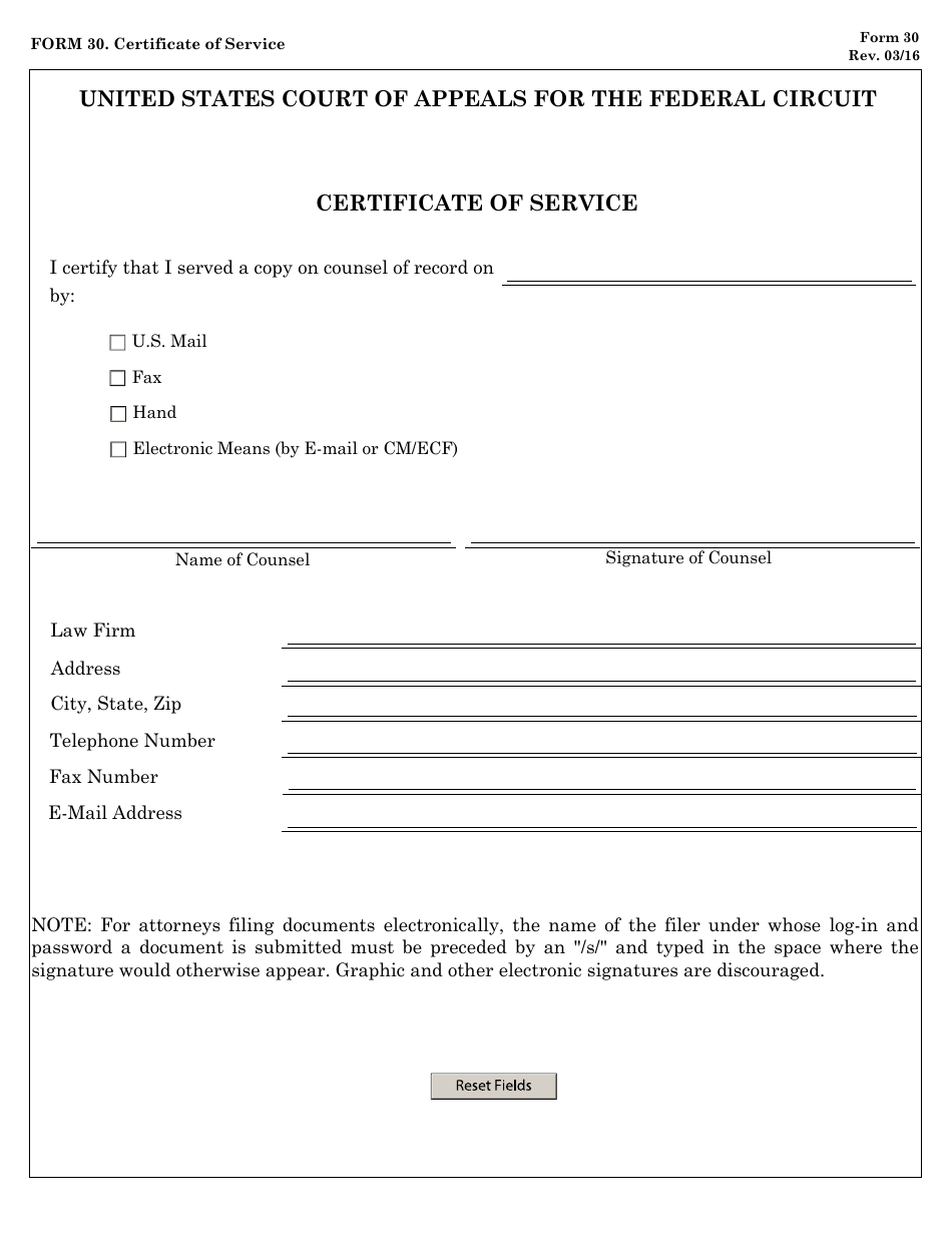 Form 30 Certificate of Service, Page 1