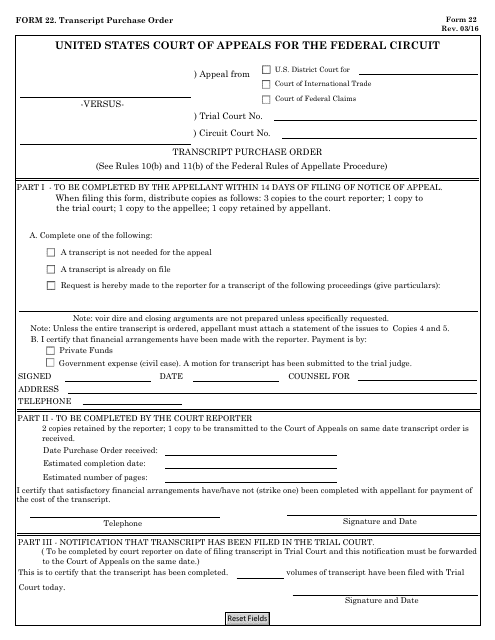 Form 22 Transcript Purchase Order