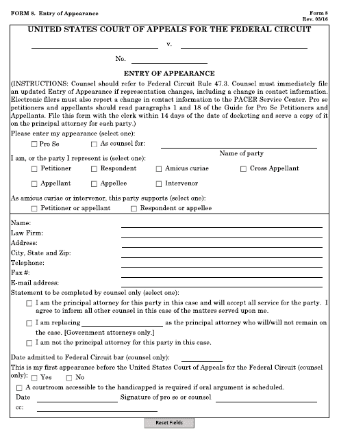 Form 8 Entry of Appearance