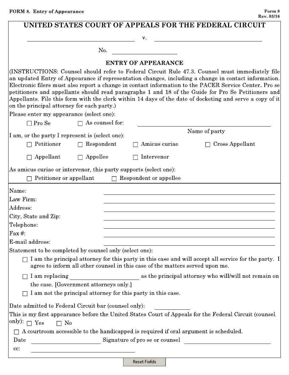 Form 8 Entry of Appearance, Page 1