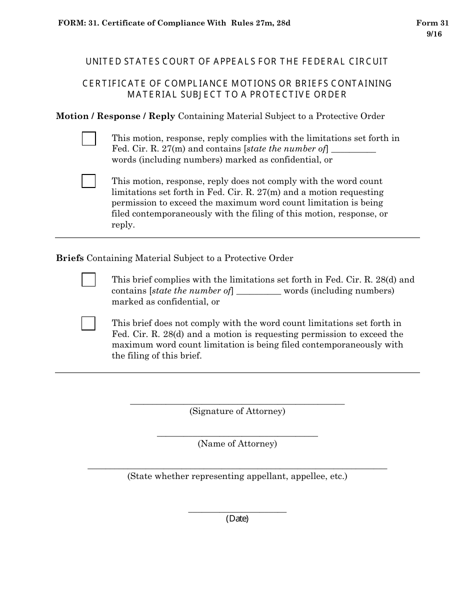 Form 31 Certificate of Compliance With Rule 27(M), 28(D), Page 1