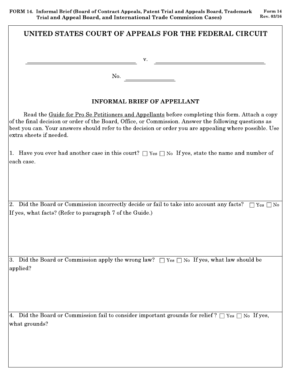 Form 14 Informal Brief (Board of Contract Appeals, Board of Patent Appeals and Interferences, Trademark Trial and Appeal Board, and International Trade Commission Cases), Page 1