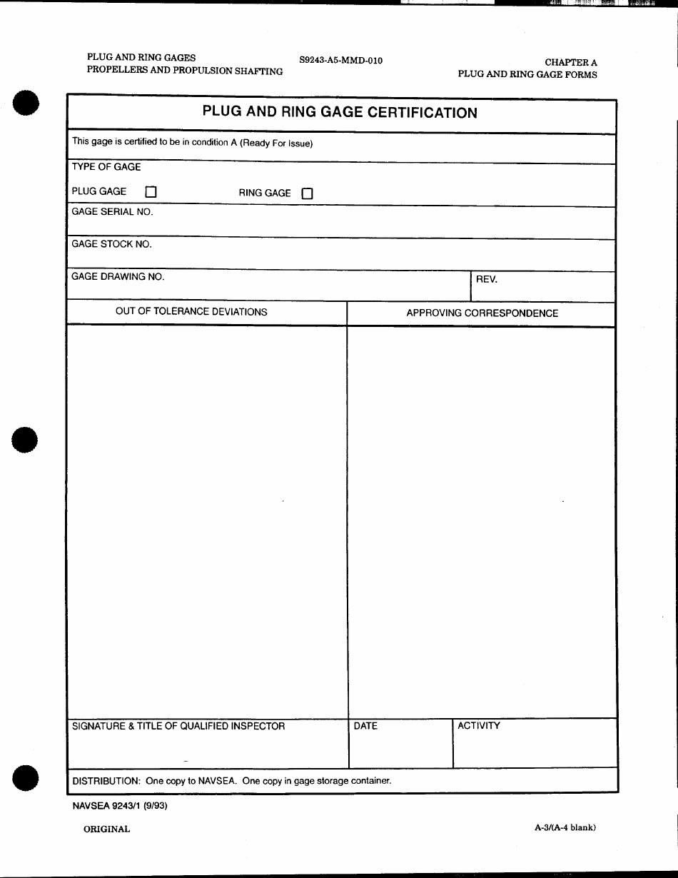 Form NAVSEA9243 / 1 Plug and Ring Gage Certification, Page 1