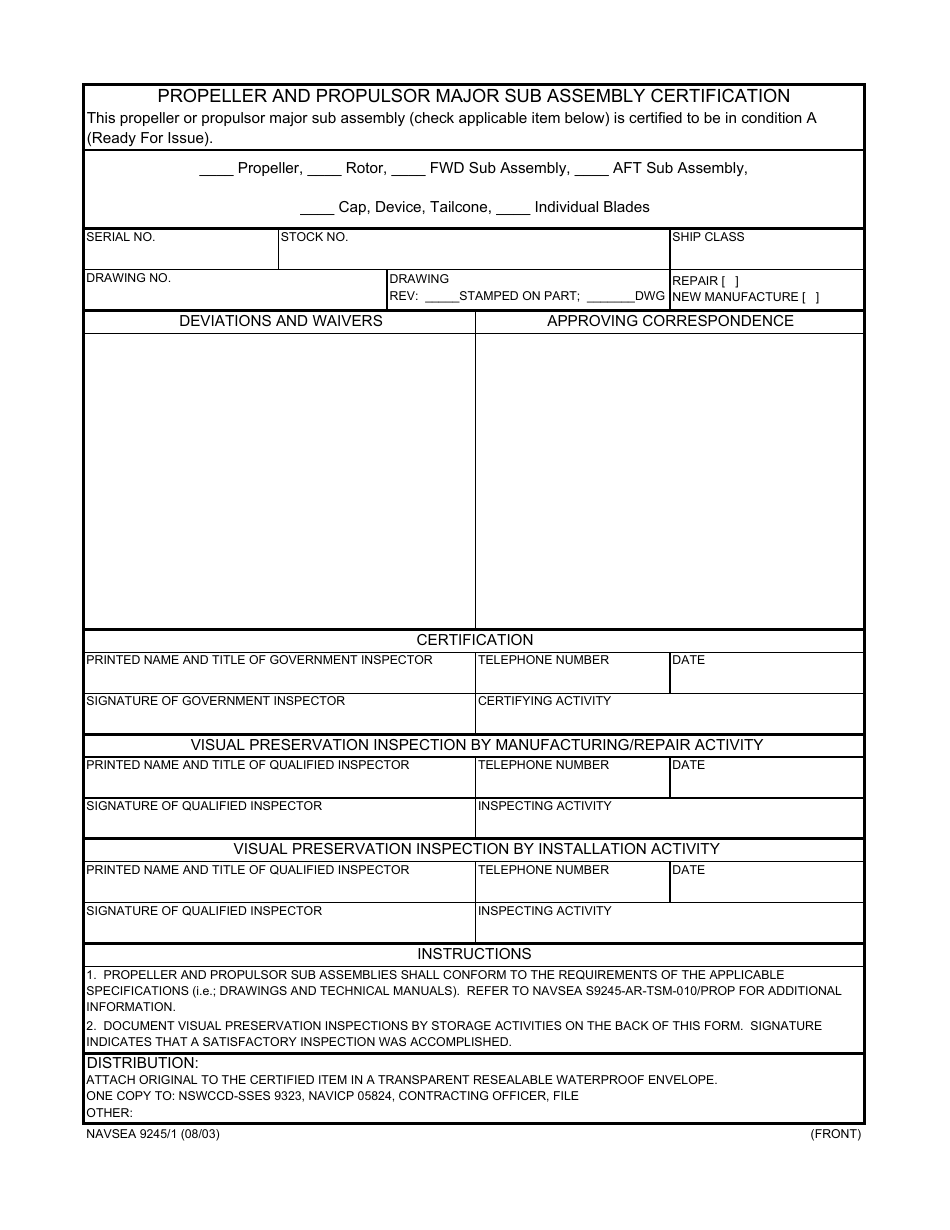 Form NAVSEA9245 / 1 Propeller and Propulsor Major Sub Assembly Certification, Page 1