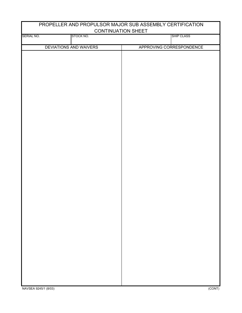 Form NAVSEA9245 / 1 Propeller and Propulsor Major Sub Assembly Certification, Page 3