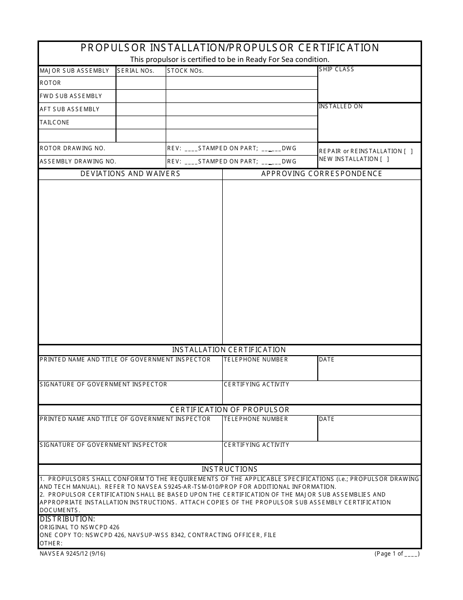 Form NAVSEA9245 / 12 Propulsor Installation / Propulsor Certification, Page 1
