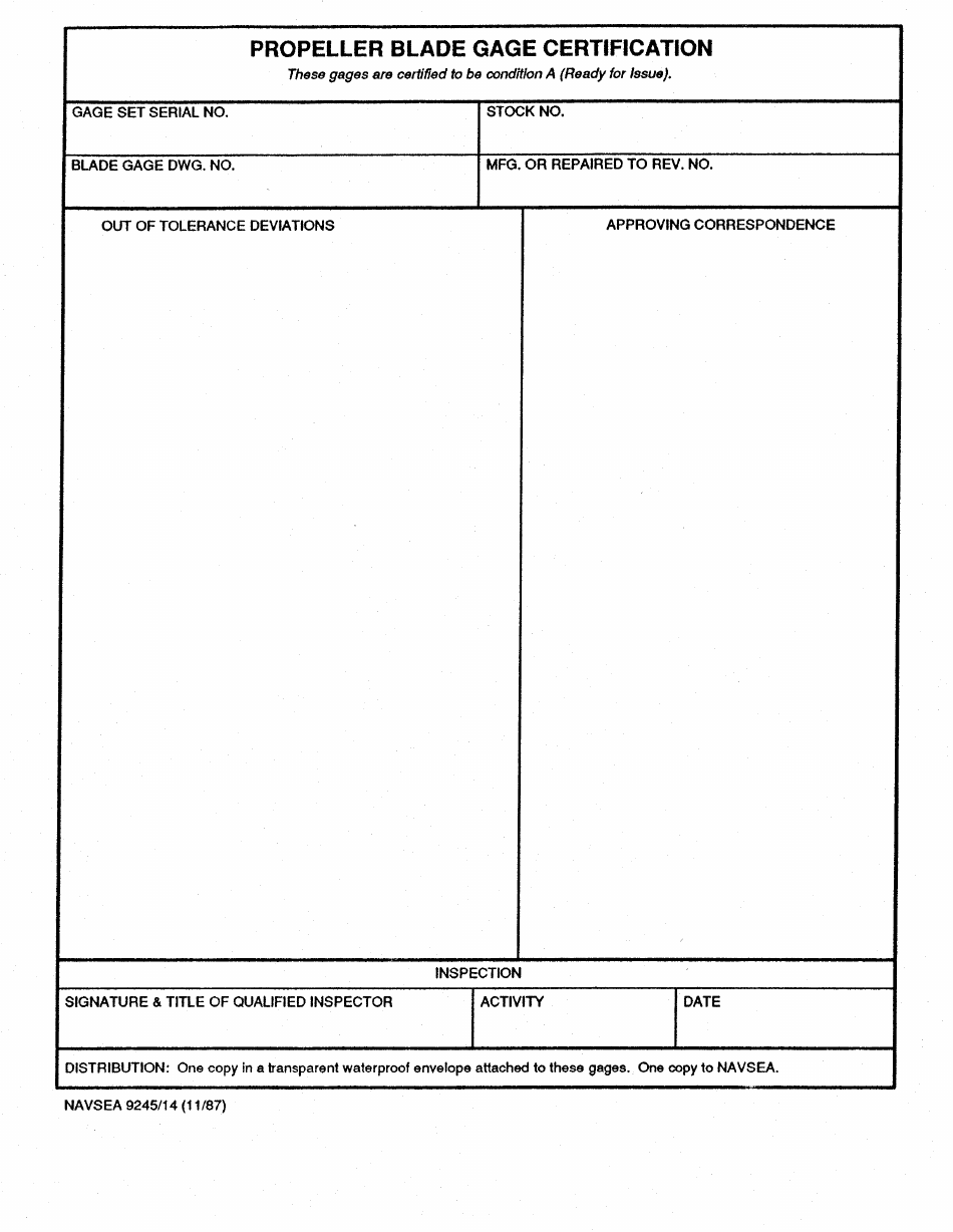 Form NAVSEA9245/14 Propeller Blade Gage Certification, Page 1