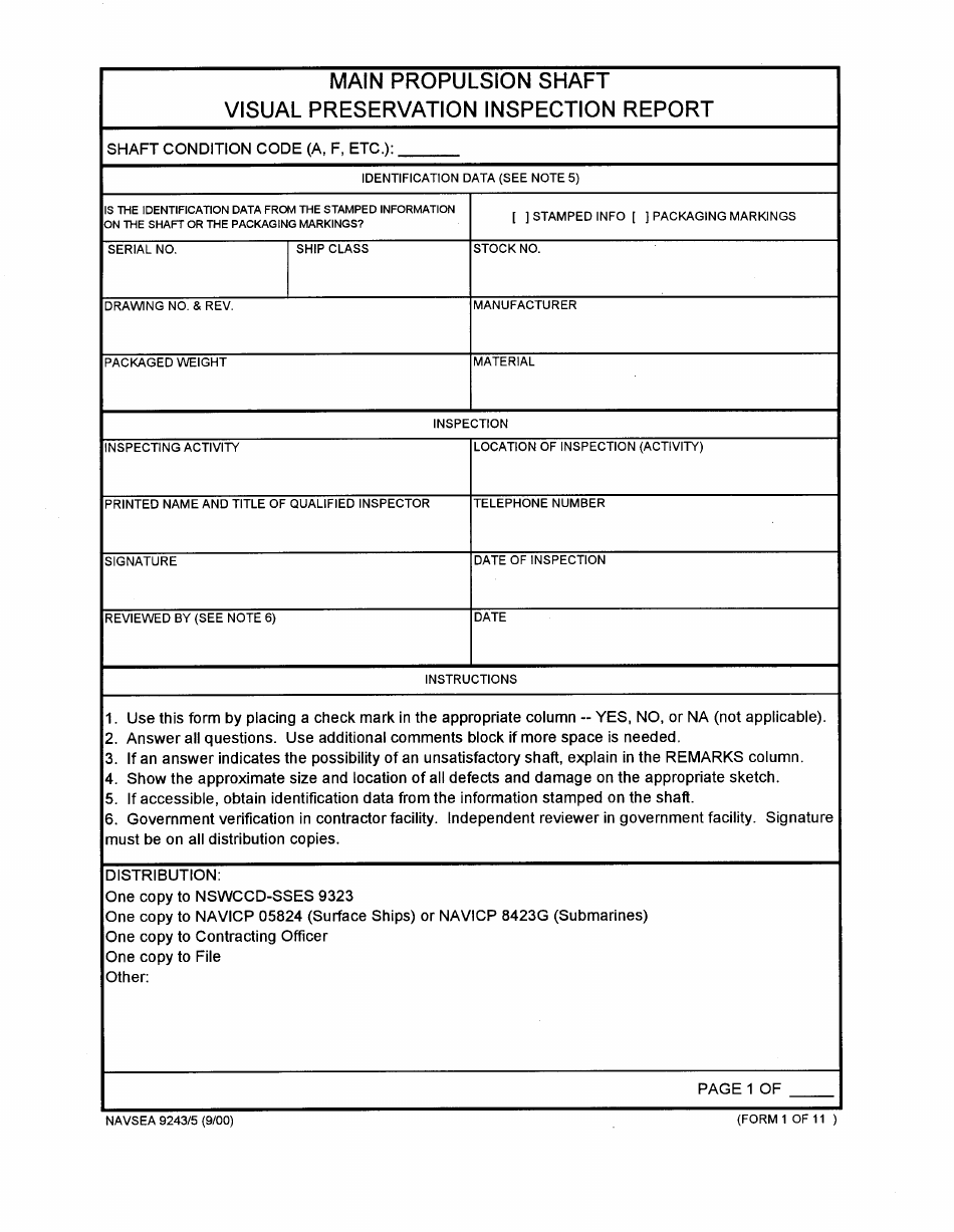 Form NAVSEA9243/5 Main Propulsion Shaft Visual Preservation Inspection Report, Page 1