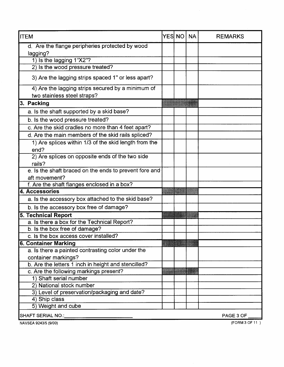 Form NAVSEA9243 / 5 Main Propulsion Shaft Visual Preservation Inspection Report, Page 3