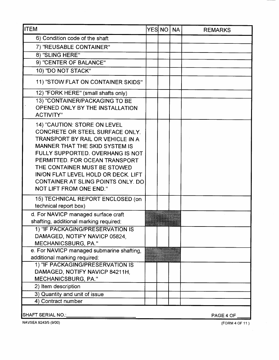Form NAVSEA9243 / 5 Main Propulsion Shaft Visual Preservation Inspection Report, Page 4