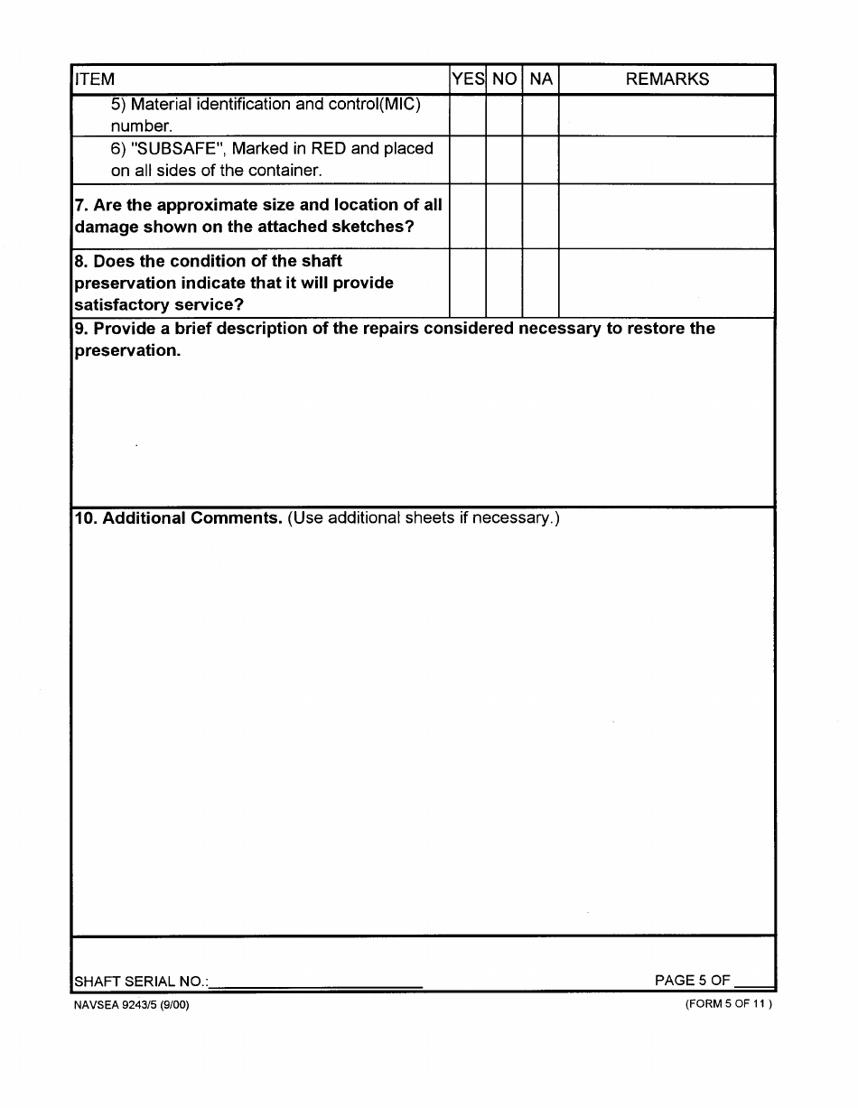 Form NAVSEA9243 / 5 Main Propulsion Shaft Visual Preservation Inspection Report, Page 5