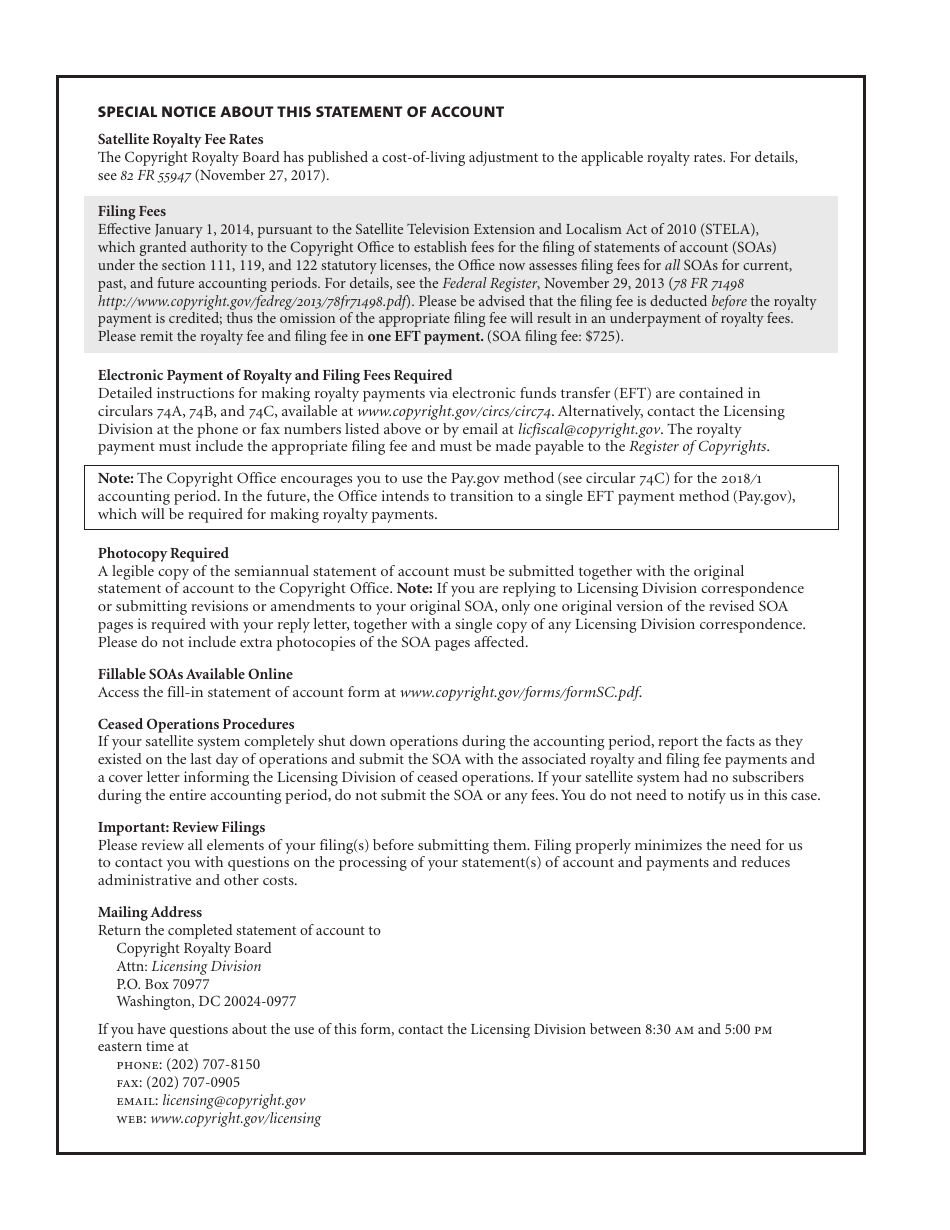 Form SC Statement of Account for Secondary Transmissions by Satellite Carriers of Distant Television Signals, Page 1