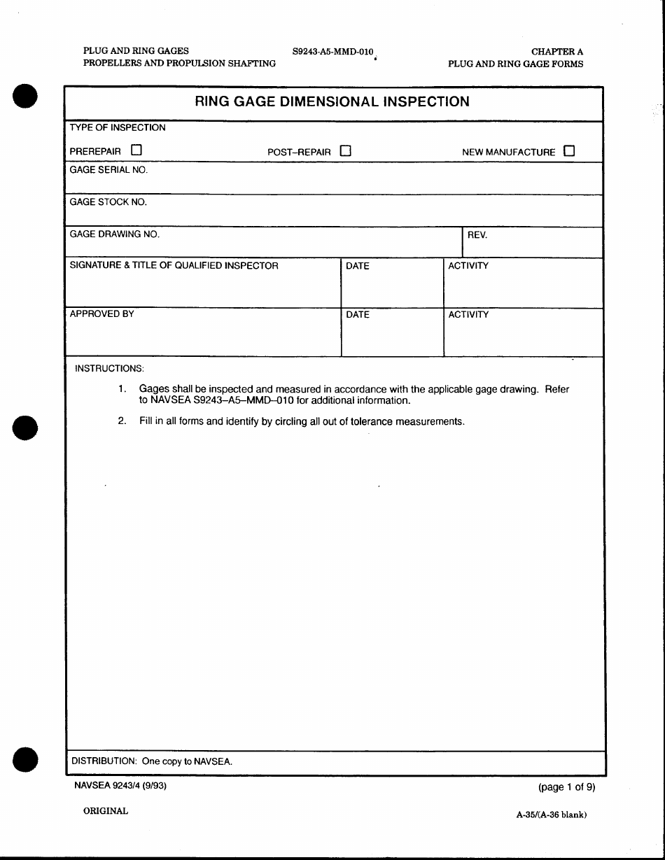 Form NAVSEA9243/4 Ring Gage Dimensional Inspection, Page 1