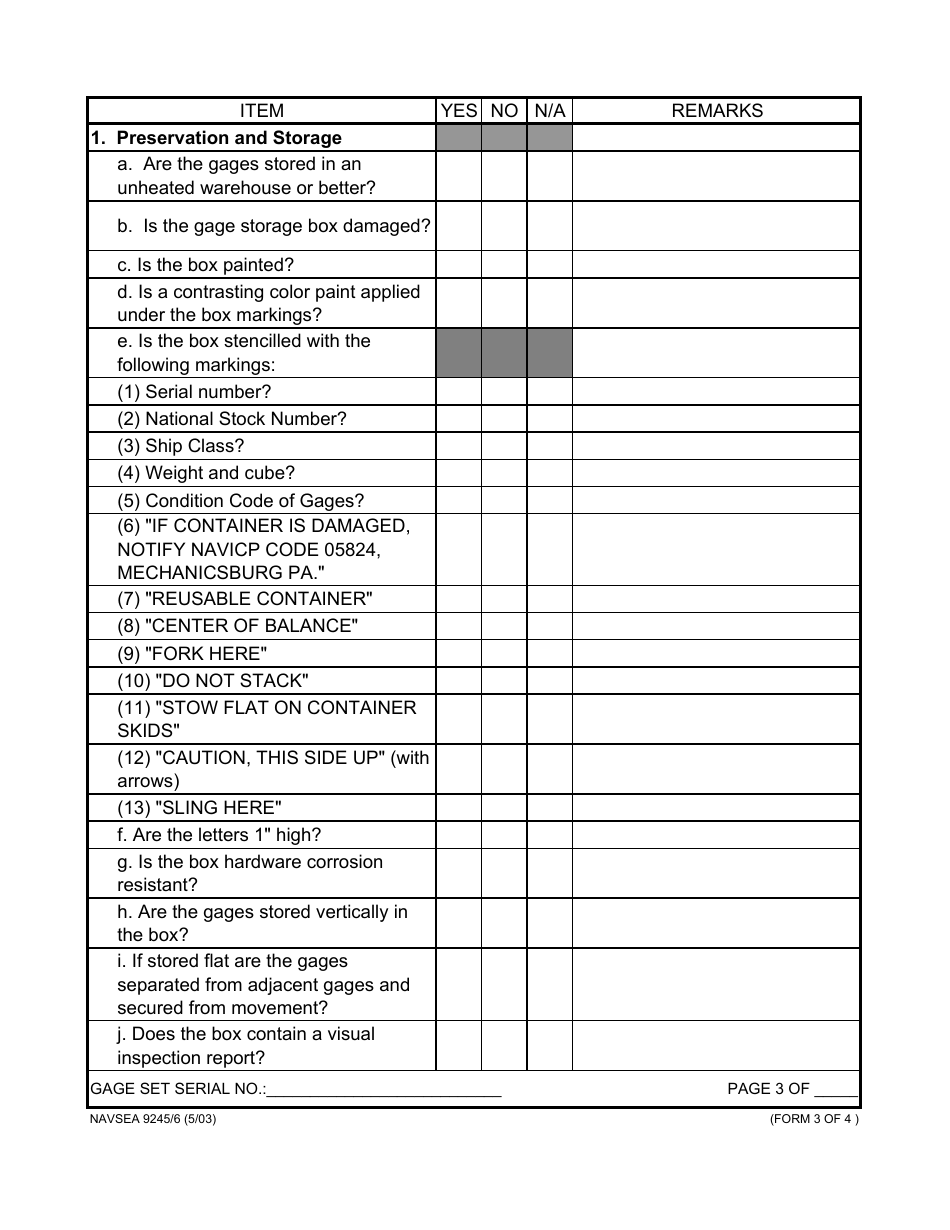 Form NAVSEA9245 / 6 Propeller Blade Gage Visual Inspection Report, Page 3