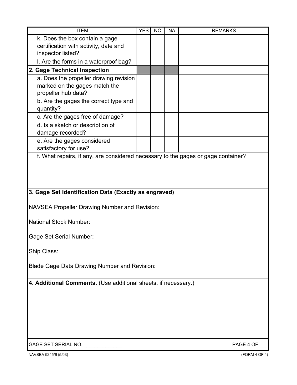 Form NAVSEA9245 / 6 Propeller Blade Gage Visual Inspection Report, Page 4