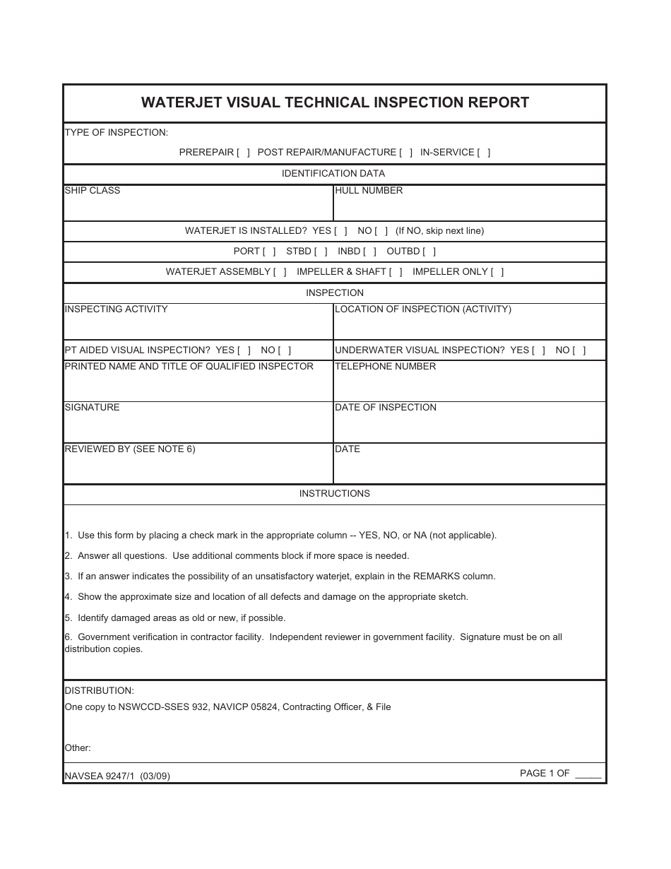 Form NAVSEA9247 / 1 Waterjet Visual Technical Inspection Report, Page 1