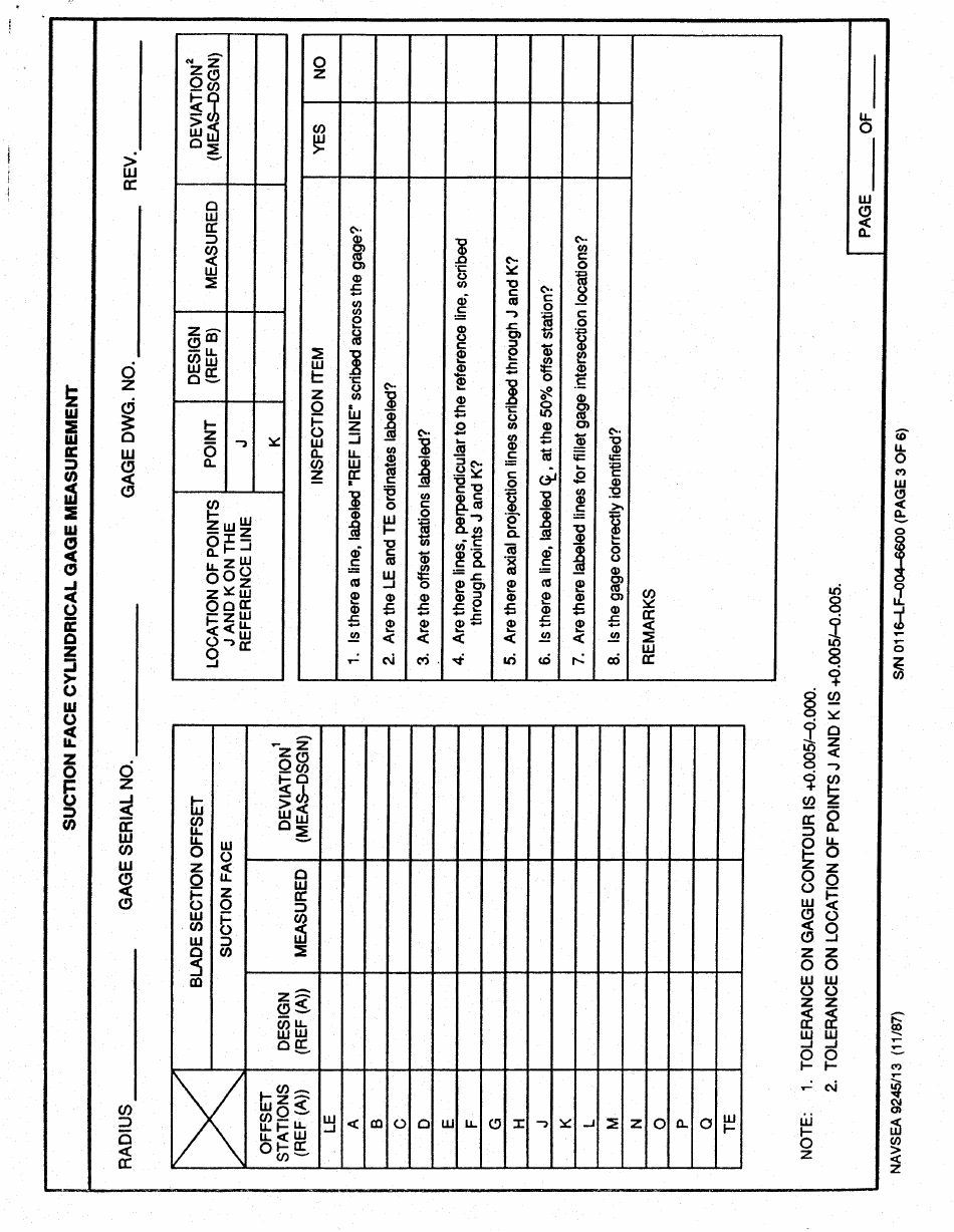 Form NAVSEA9245 / 13 Propeller Blade Gage Dimensional Inspection, Page 3