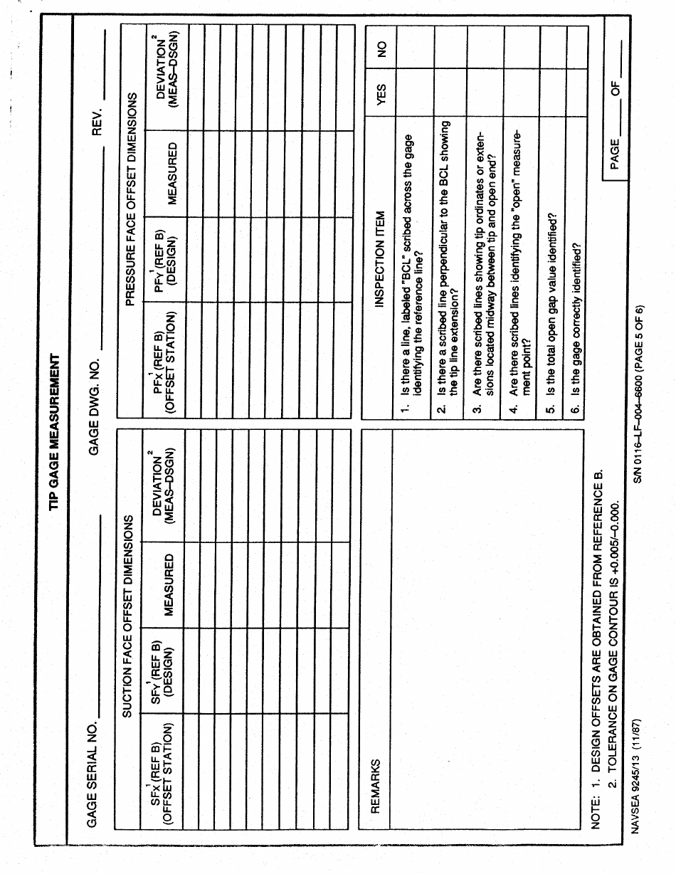 Form NAVSEA9245 / 13 Propeller Blade Gage Dimensional Inspection, Page 5