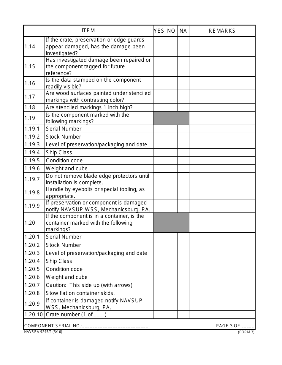 Form NAVSEA9245 / 2 Propeller and Propulsor Major Sub Assembly Visual Preservation Inspection Report, Page 3