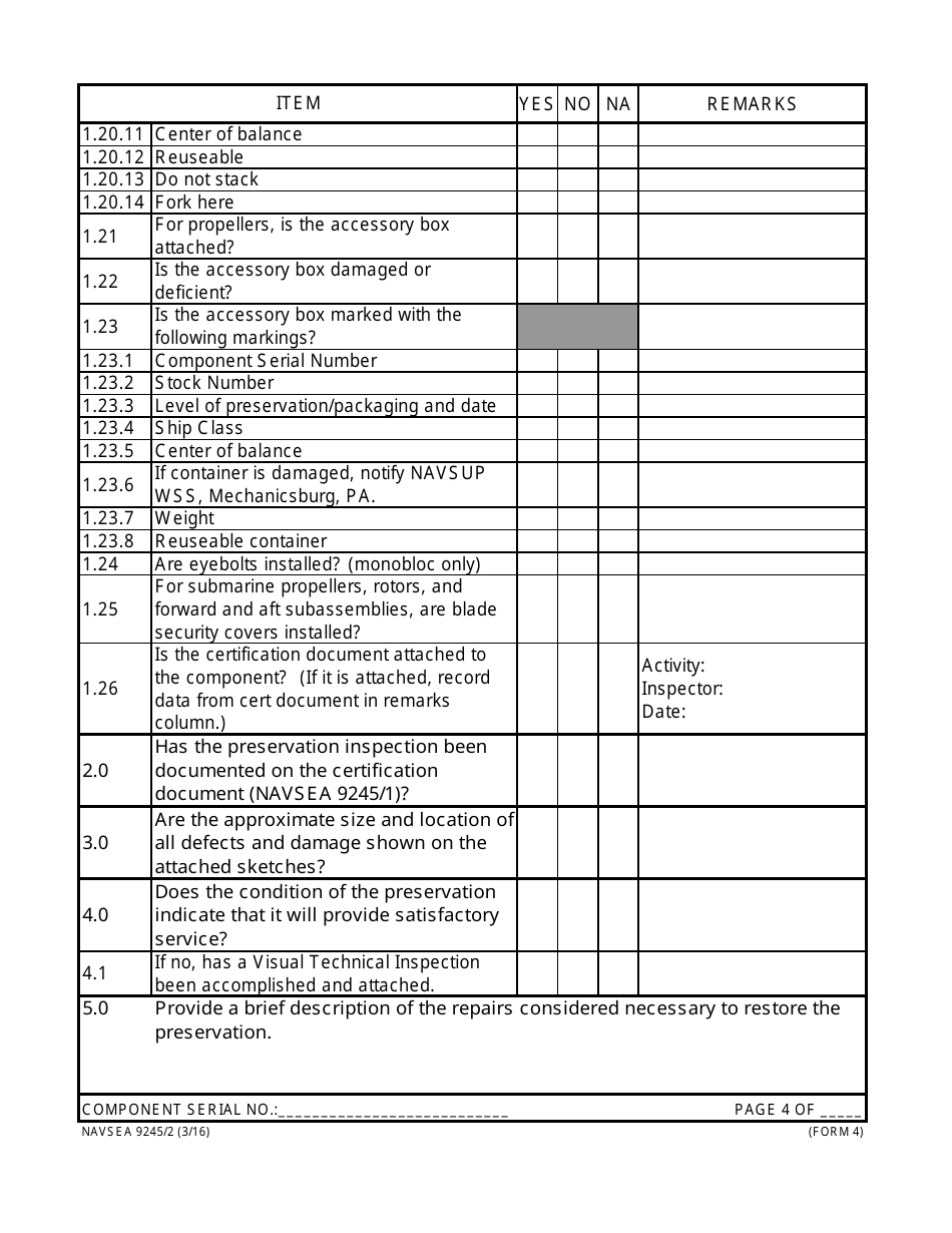 Form NAVSEA9245 / 2 Propeller and Propulsor Major Sub Assembly Visual Preservation Inspection Report, Page 4