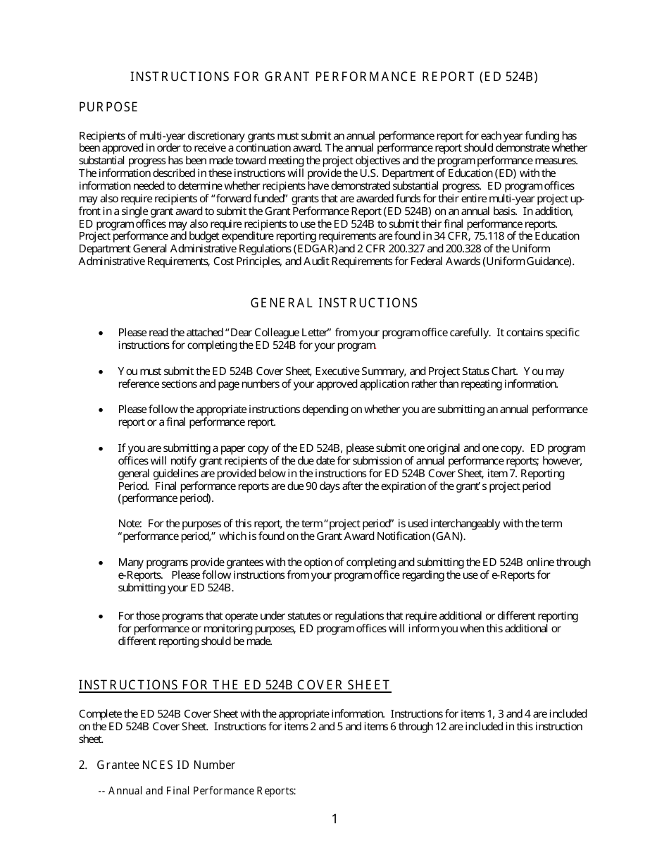 Instructions for Form ED524B Grant Performance Report, Page 1