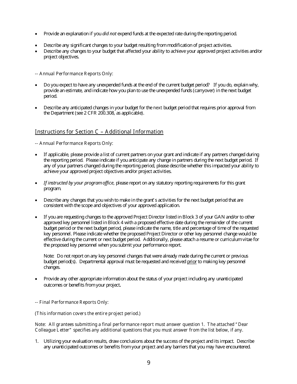 Instructions for Form ED524B Grant Performance Report, Page 9