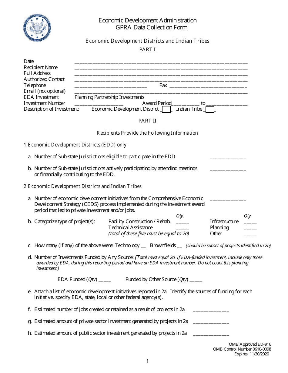 Form ED-916 Gpra Data Collection Form - Economic Development Districts and Indian Tribes, Page 1