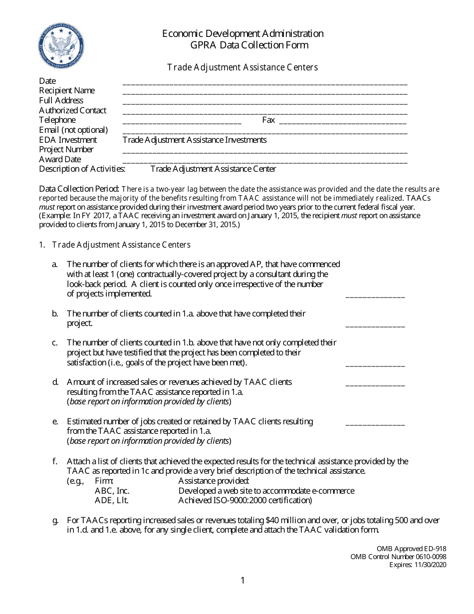 Form ED-918 Gpra Data Collection Form - Trade Adjustment Assistance Centers, Page 1