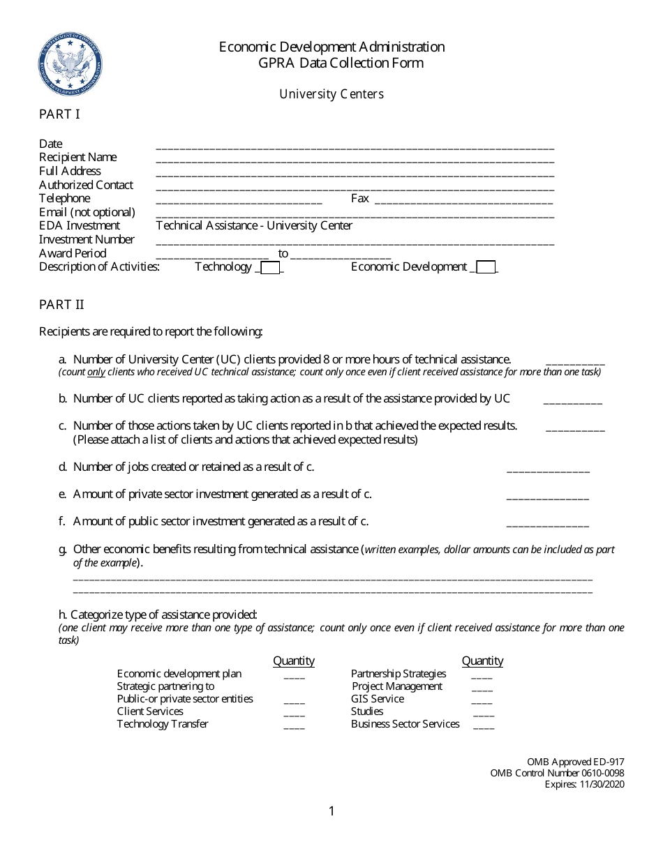 Form ED-917 Gpra Data Collection Form - University Centers, Page 1