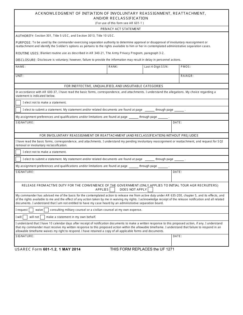 USAREC Form 601-1.2 Acknowledgment of Initiation of Involuntary Reassignment, Reattachment, and / or Reclassification, Page 1