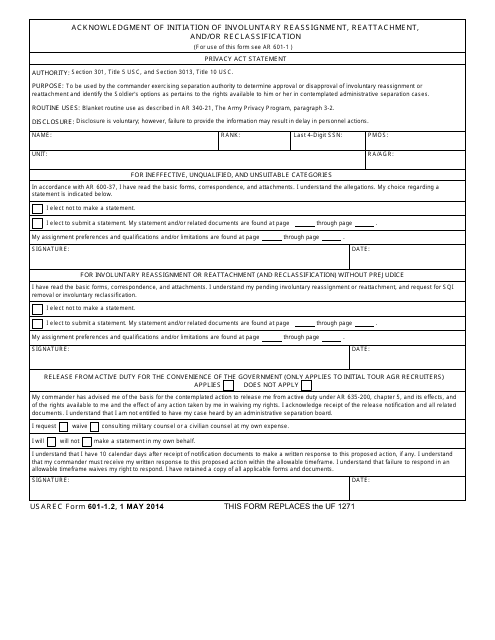 USAREC Form 601-1.2 Acknowledgment of Initiation of Involuntary Reassignment, Reattachment, and/or Reclassification