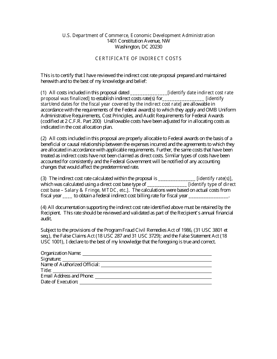 Certificate of Indirect Costs, Page 1