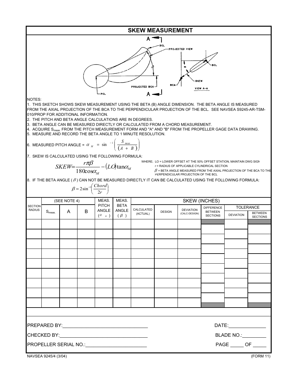 Form NAVSEA9245 / 4 Propeller Dimensional Inspection Report, Page 11