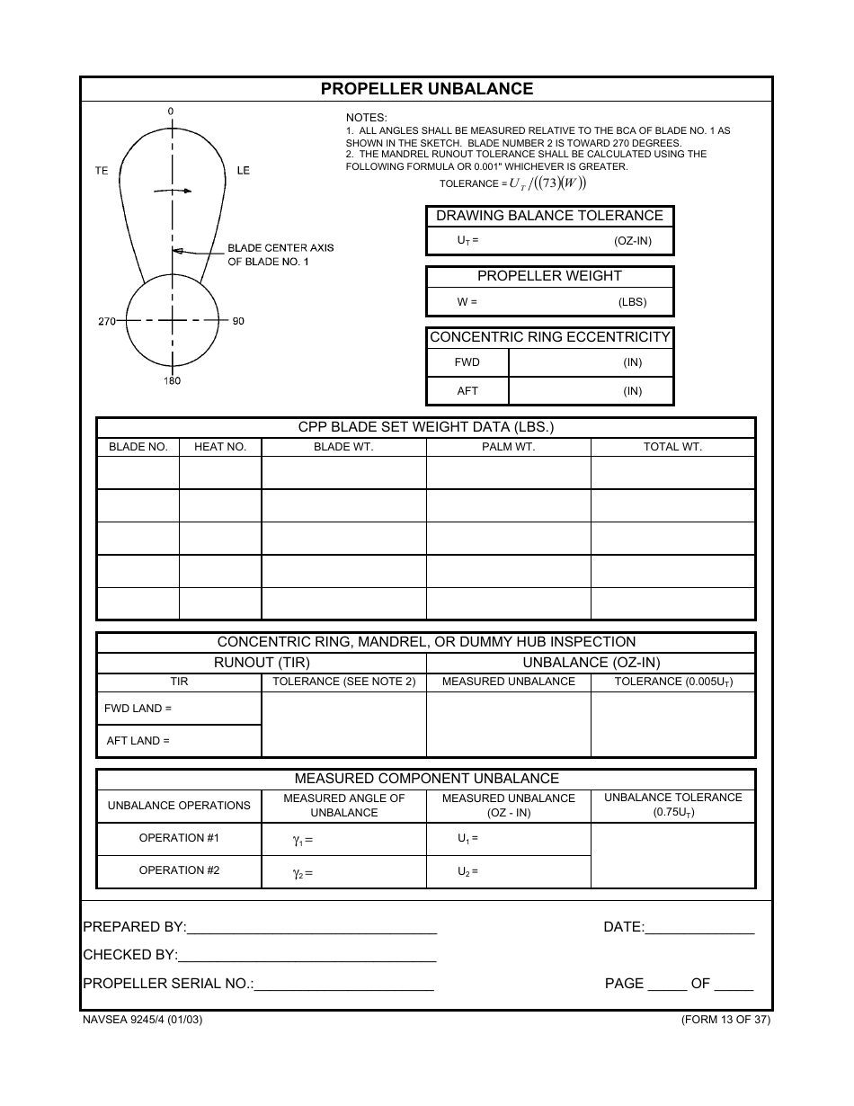 Form NAVSEA9245 / 4 Propeller Dimensional Inspection Report, Page 13