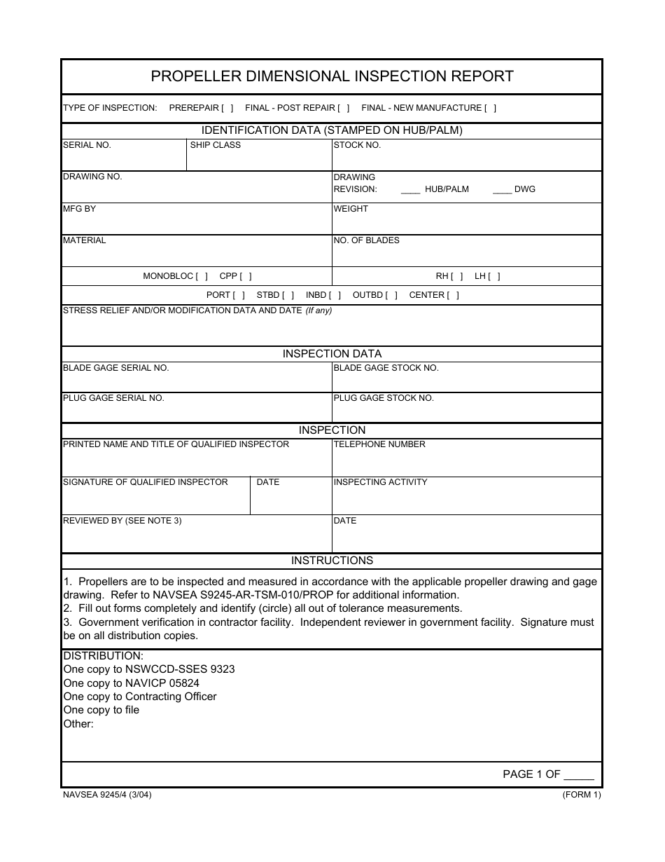 Form NAVSEA9245/4 Propeller Dimensional Inspection Report, Page 1
