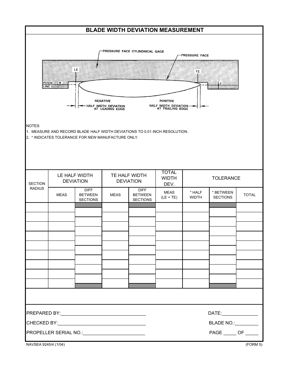 Form NAVSEA9245 / 4 Propeller Dimensional Inspection Report, Page 5