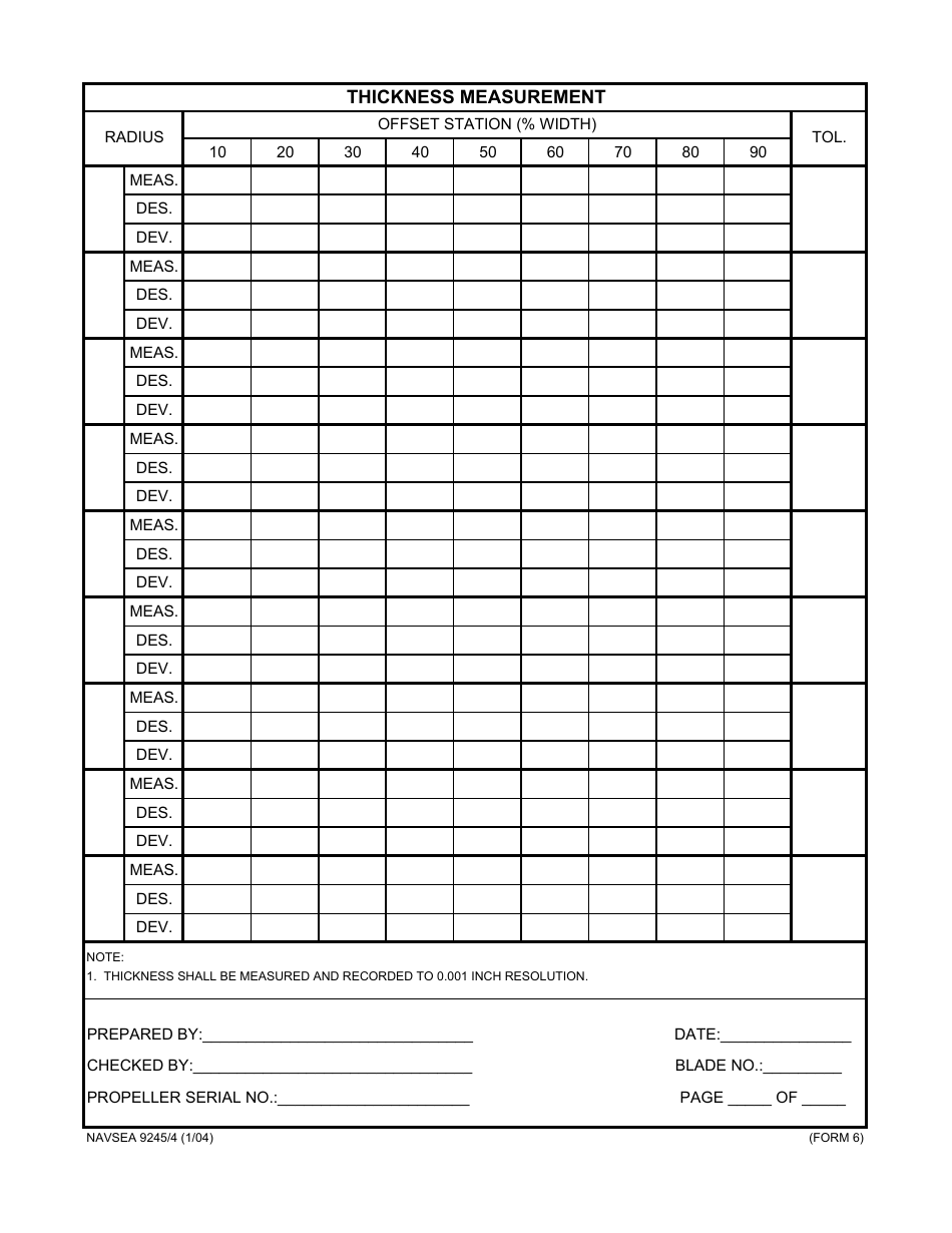Form NAVSEA9245 / 4 Propeller Dimensional Inspection Report, Page 6
