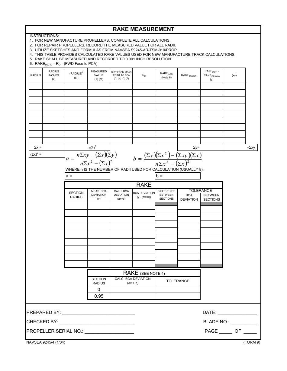Form NAVSEA9245 / 4 Propeller Dimensional Inspection Report, Page 9